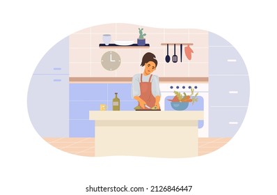 Modern female housewife cooking vegetables salad at kitchen. Woman in apron cutting avocado, carrot, beet healthy lifestyle vegetarian diet detox eating at comfortable cuisine interior vector flat