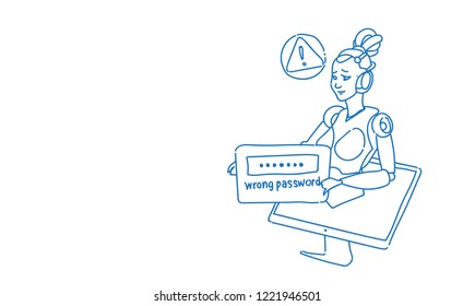 Modern female robot error wrong password login problem futuristic artificial intelligence technology concept sketch doodle horizontal vector illustration