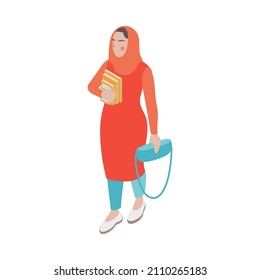 Modern female saudi arab student in hijab holding books and handbag 3d icon isometric vector illustration