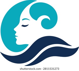 Modern female side-profile logo featuring turquoise flowing hair combined with dark blue ocean waves. Perfect for beauty salons, skincare, spa services, wellness brands, coastal businesses, cosmetics, hair studios, and feminine branding.