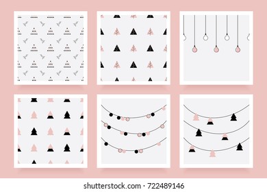 Modern feminine Christmas seamless pattern collection in rose gold color hue