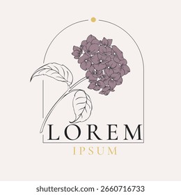 Logotipo moderno, femenino, de Vector con la flor de la hortensia y el espacio para el nombre empresarial.