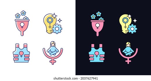 Modern feminism light and dark theme RGB color icons set. Support women wellbeing. Fulfill female potential. Isolated vector illustrations on white and black space. Simple filled line drawings pack