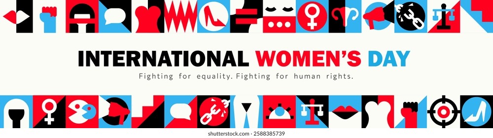 Modern feminist panoramic banner for International Women's Day with human rights geometric icons, personal boundaries signs, equality symbols. Simple header in red, black, blue, white. Bold Minimalism