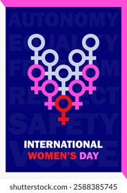 Modern feminist poster with interconnected female gender symbols forming heart shape and bold white typography. International Women's Day geometric card in blue, pink and red colors. Freedom, equality