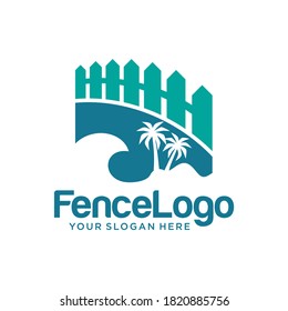 Modern Fence logo with palm beach design Vector template