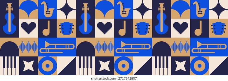 Modern fest background with jazz mosaic and geometric music pattern. Geometric mosaic backgrounds for concert websites and social media