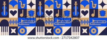 Modern fest background with jazz mosaic and geometric music pattern. Geometric mosaic backgrounds for concert websites and social media