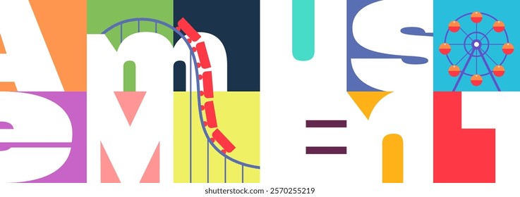 Modern festive amusement park horizontal banner with abstract Ferris wheel. Minimal geometric carnival flyer featuring creative typography and carousel. Simple fun fair festival billboard design