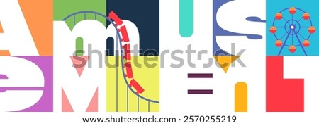 Modern festive amusement park horizontal banner with abstract Ferris wheel. Minimal geometric carnival flyer featuring creative typography and carousel. Simple fun fair festival billboard design