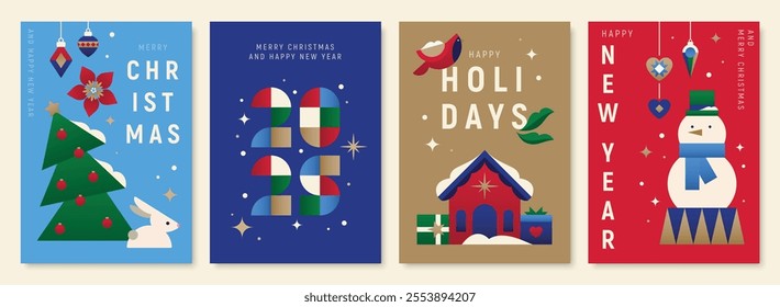 Modern festive cards showcasing reindeer, trees, and holiday symbols in geometric style. Suitable for Christmas or New Year greetings.
