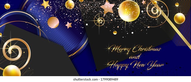 Modern festive Christmas and Happy New Year gold design on a dark background abstract shiny color golden. Vector modern dressy banner