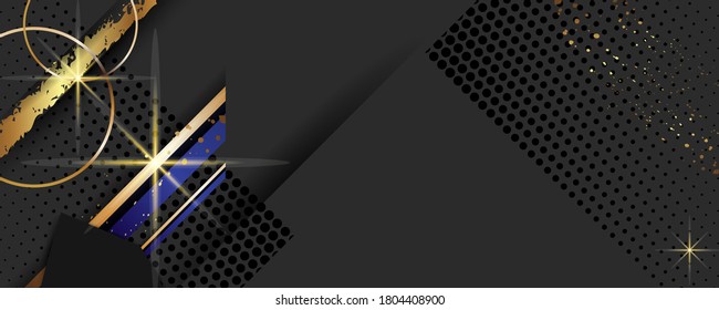 Modern festive Christmas and Happy New Year gold design on a dark background abstract shiny color golden. Vector modern dressy banner