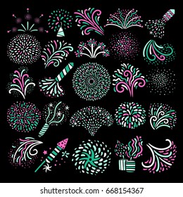 Modern festive colorful various types firework icons big set on black background poster abstract isolated vector illustration 