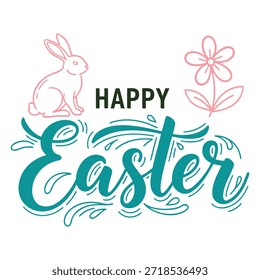 Un diseño moderno y festivo con el texto 'Feliz Pascua'. La palabra 'Pascua' se representa en una fuente de escritura caligráfica elaborada con florituras decorativas, mientras que 'Feliz' utiliza una fuente sans-serif simple. El saludo se acompaña de ilustraciones minimalistas de arte lineal de un conejo rosa y una flor, sobre un fondo blanco limpio. Este gráfico es ideal para tarjetas de felicitación de temporada, invitaciones o contenido de redes sociales que celebran las vacaciones de primavera.