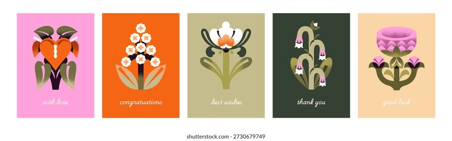Postales festivas modernas con flores. Diseños de tarjetas de felicitación con flores silvestres abstractas en los diseños. Plantillas coloridas con plantas de pradera en flor con hojas. Ilustraciones vectoriales planas