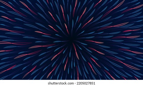 Modern festive template on bright gradient purple, blue, cyan, pink colors. Concept of night fireworks, confetti. Trendy abstract colorful spiral pattern on dark background.