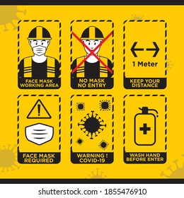 Modern field worker mask suggestion and social distancing warning sign vector icons