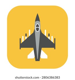 Modern fighter jet flying over cityscape on yellow background, symbolizing power and technology