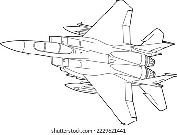 Moderno avión de combate a reacción de vuelo intermedio ilustración de línea simple