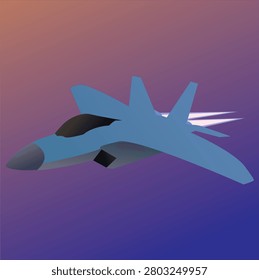 Modern fighter jet vector illustration in flat design style. Military aircraft isolated on a colorful gradient background, representing aviation, air force, defense, speed, technology, and aerospace.