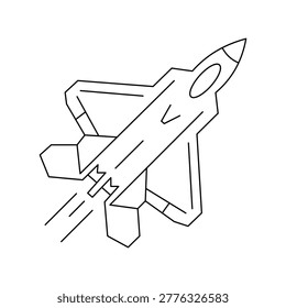 Modern fighter jet vector line art icon in flight. Minimalist military aircraft illustration representing air force, supersonic speed, and aerospace defense for graphic design projects.Editable stroke, Vector illustration, Line art Icon, Symbols.