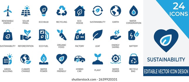 A modern filled icon set representing green living, renewable energy, and environmental conservation. Perfect for illustrating sustainable practices, Eco initiatives, and climate-conscious concepts.