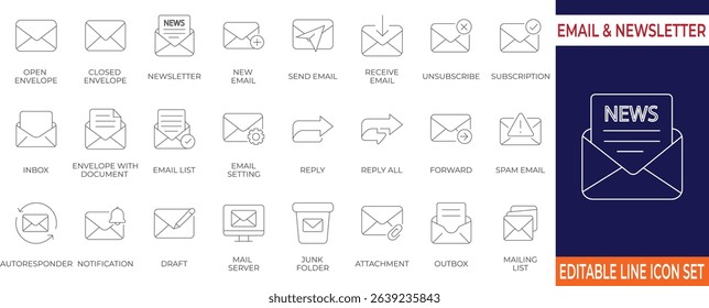 Modern filled thin line icon pack for email communication including inbox, newsletter, reply, and notifications. Perfect for email marketing, newsletter platforms, and UIUX design.