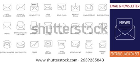 Modern filled thin line icon pack for email communication including inbox, newsletter, reply, and notifications. Perfect for email marketing, newsletter platforms, and UIUX design.