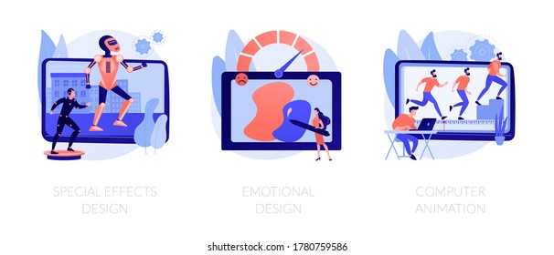 Modern filmmaking technology. Psychology of positive client feedback. Special effects design, emotional design, computer animation metaphors. Vector isolated concept metaphor illustrations