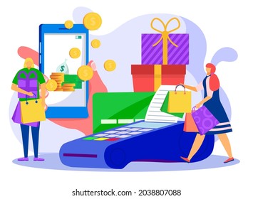 Modern finance bank cash back technology, tiny woman character online purchase terminal flat vector illustration, isolated on white.