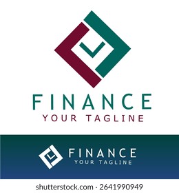 Modern finance logo with interlocking geometric shapes forming a diamond and checkmark symbol. Uses green and maroon colors, ideal for financial services, investment, or fintech branding