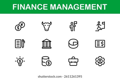 Modern Finance Management Icon Set Vector Illustration. Featuring Essential Symbols for Budgeting, Investments, and Financial Planning for Professional Designs.
