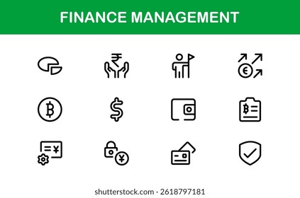 Modern Finance Management Icon Set Vector Illustration. Featuring Essential Symbols for Budgeting, Investments, and Financial Planning for Professional Designs.