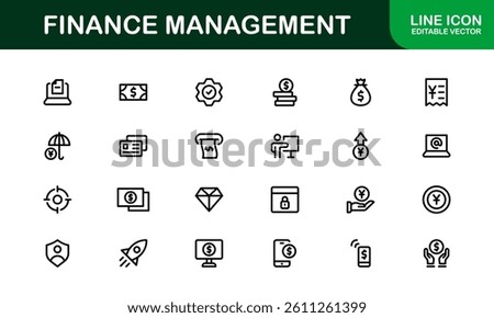 Modern Finance Management Icon Set Vector Illustration. Featuring Essential Symbols for Budgeting, Investments, and Financial Planning for Professional Designs.