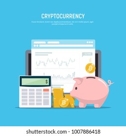 Modern financial concept. Bitcoin mining. Cryptocurrency. Business investment. Vector illustration in flat style.