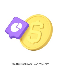 Conceito financeiro moderno com um gráfico de pizza e moeda de ouro simbolizando análise, economia e desempenho de negócios em um estilo digital limpo. ilustração de vetor realista de ícone 3d
