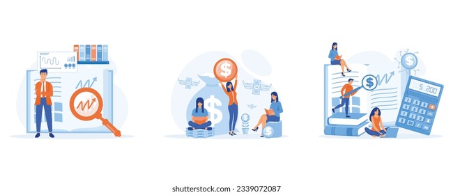 modern financial education, eople study financial literacy and accounting to raise entrepreneurship awareness. set flat vector modern illustration 