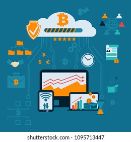 Modern financial infographic. Mining farm. Bitcoin crypto currency surrounded by cryptocoins or digital currency coins, with computers and gadgets.Vector illustration in flat style.