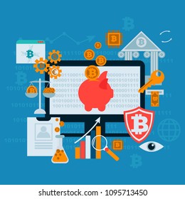 Modern financial infographic. Mining farm. Bitcoin crypto currency surrounded by cryptocoins or digital currency coins, with computers and gadgets.Vector illustration in flat style.