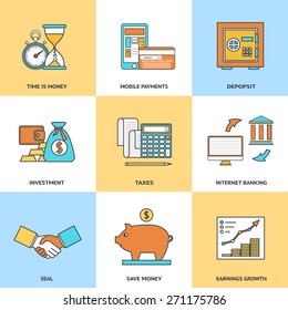 Modern financial line icons set in flat design for web site development, mobile applications, banners, corporate brochures, book covers, layouts etc. Vector eps10 illustration