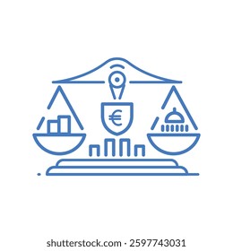 Modern Financial Security Icon with Scale Euro Symbol Growth Chart Shield and Government Building