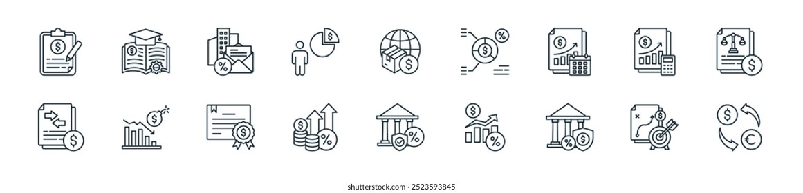 Icono de estados financieros modernos: perfecto para diseños de interfaz de usuario lineal con tipo de cambio de Vector, planificación financiera, regulación, beneficio bruto, inversión, tasa de interés, bonos y más íconos para