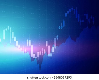 Modern financial trading chart with glowing candlestick patterns and area graph. Abstract blue and purple gradient background perfect for fintech, data analysis, crypto, or stock market visuals.