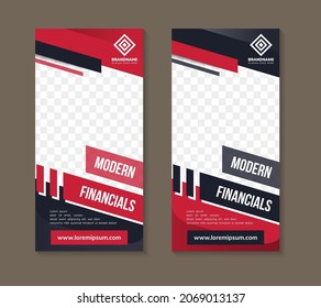 modern financials banner design template use vertical layout with dark blue in the background. red on element design. rectangle space of photo collage.