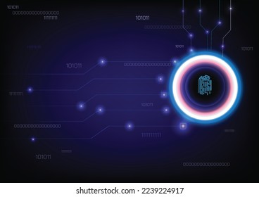 Modern fingerprint scan with glowing computer circuit board. Biometric data security. Dashboard display. Futuristic touch screen panel with sensor button. Vector illustration.