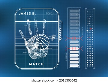 Modern fingerprint scan with human palm and charts, futuristic tech ui concept on blue