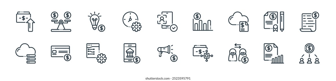 modern fintech icon pack. perfect for linear ui designs featuring vector crowdfunding, financial analysis, peer to peer, microchip, marketing, mobile banking, seo and web and more icons for mobile