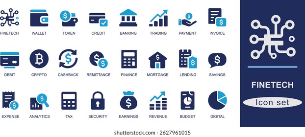 Um moderno conjunto de ícones fintech com projetos fintech exclusivos, incluindo carteira, criptografia, bancos e símbolos de pagamento. Perfeito para finanças, IU de aplicativo e projetos da Web.
