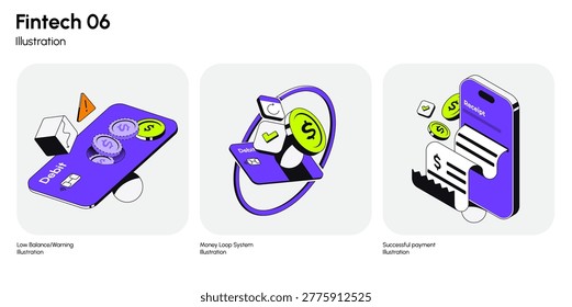Modern fintech illustration set focused on billing and payments. This collection includes invoice receipt, payment confirmation, and billing-related UI concepts. Designed in a clean isometric style with vibrant purple and neon green accents, perfect for finance apps, banking dashboards, expense tracking tools, and SaaS products. Ideal for onboarding screens, empty states, and financial workflows. Fully scalable vector illustrations suitable for web, mobile, and presentations. Vector illustration